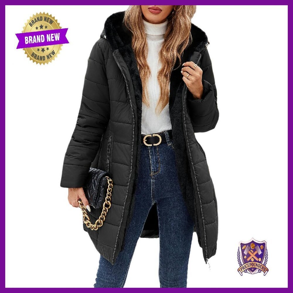 Women's Slim Fit Long Down Jacket Hooded Fleece Warm Windproof Winter Coat